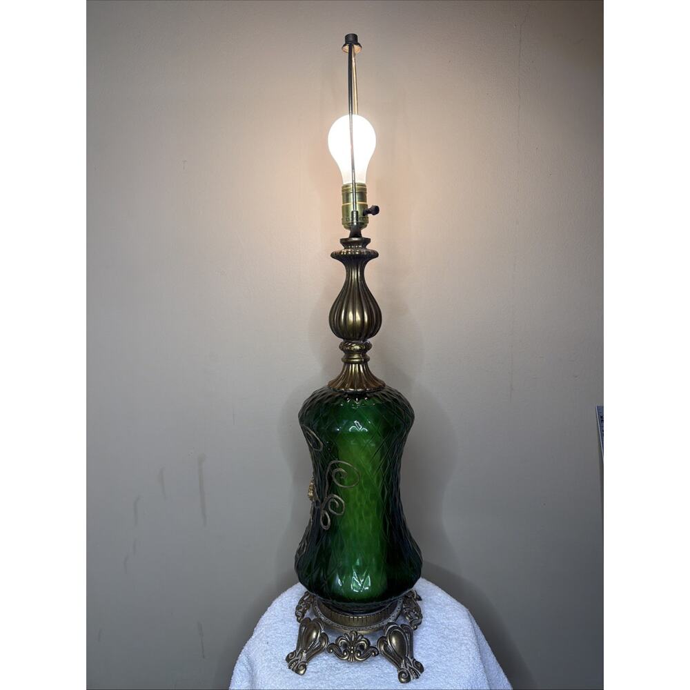 Table Lamp Green Diamond Glass Hollywood Regency MCM Antique Rose Tokyo Japan - Picture 3 of 16